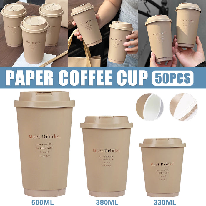 50 Pcs Coffee Paper Cups with Lids Matte Brown 330ml 380ml 500ml