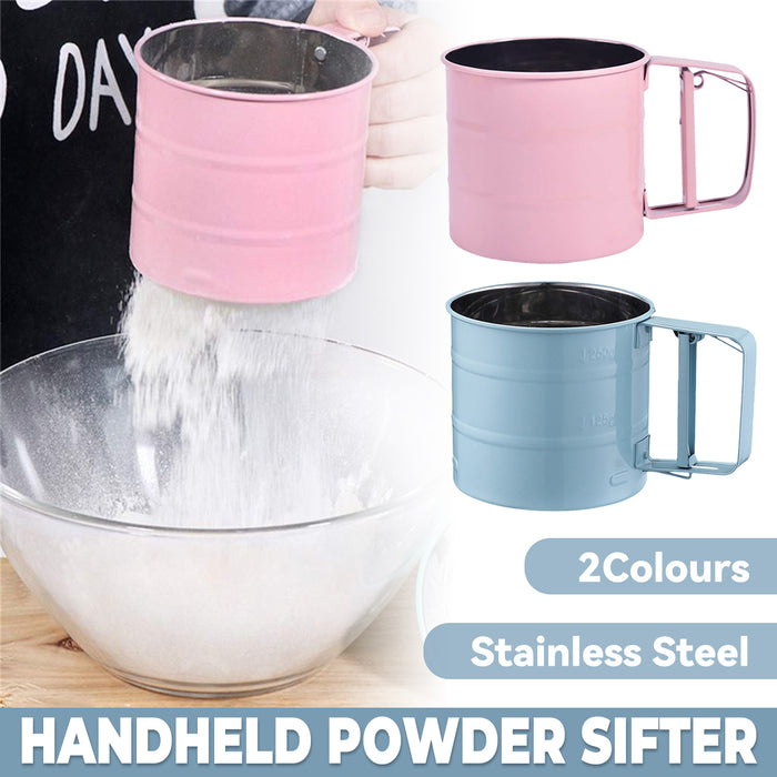 Stainless Steel Hand Crank Rotary Flour Sifter for Baking in Pink or Blue