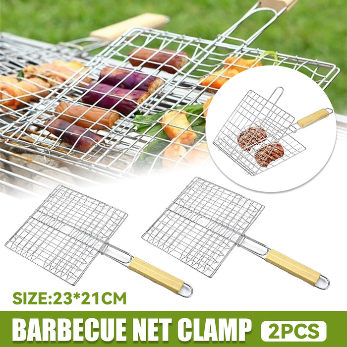 2 Pcs Electroplated Iron BBQ Net Clamp with Wooden Handle Square Mesh