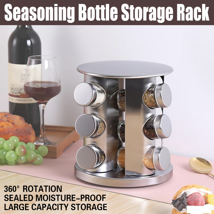 Stainless Steel Rotating Spice Rack with 12 Glass Jars