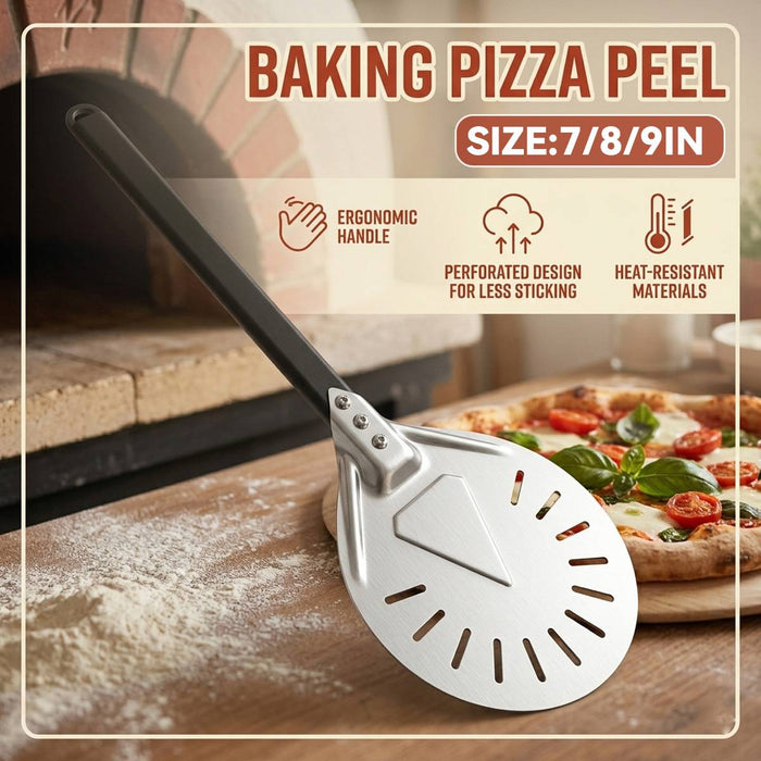 304 Stainless Steel Perforated Pizza Peel with Wooden Handle 3 Sizes 7 in / 8 in / 9 in