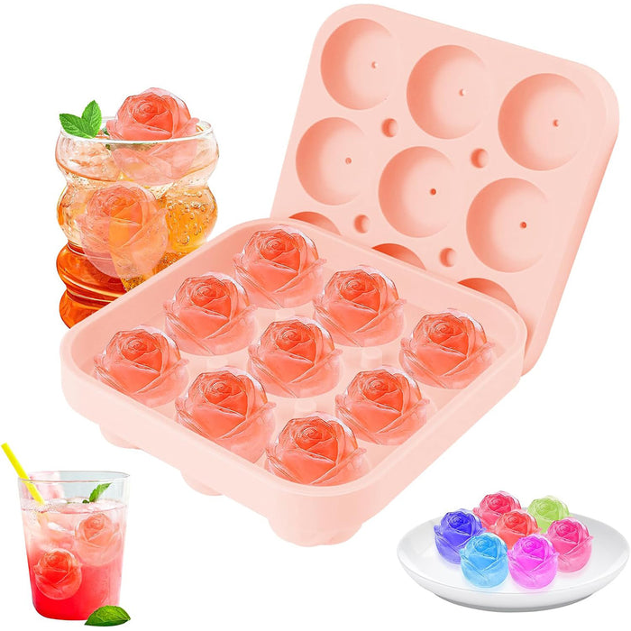 9 Cavity Rose Ice Ball Mould Food Grade Silicone Pink