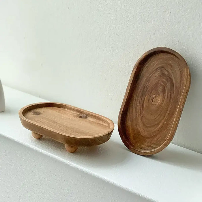 Wooden Oval Tray Raised Base For Snacks And Decor Use