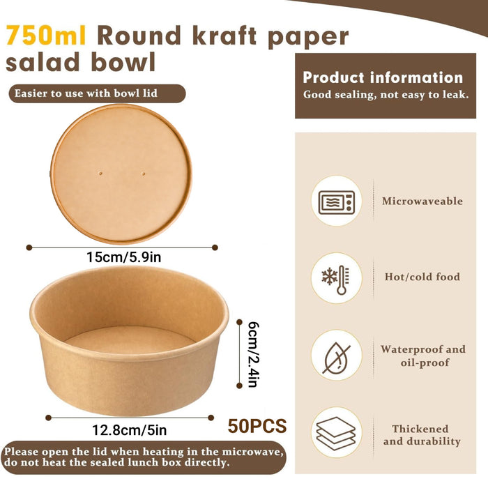 50 Pcs Disposable Paper Bowls 750ml With Lids for Takeout