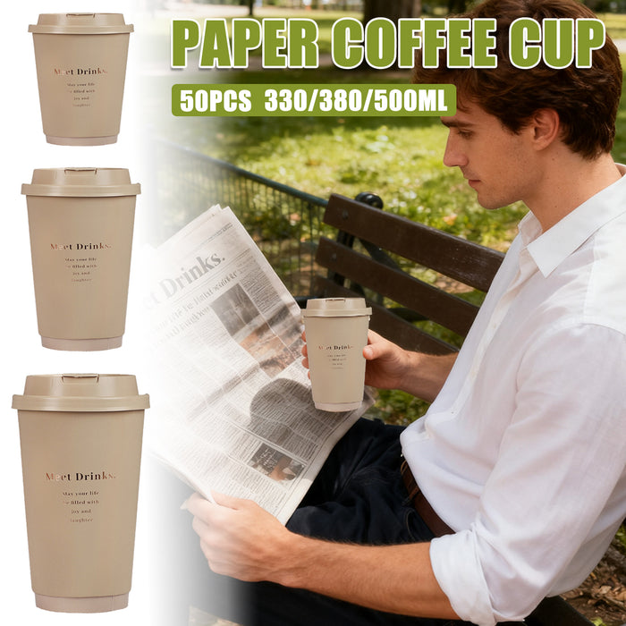 50 Pcs Coffee Paper Cups with Lids Matte Brown 330ml 380ml 500ml