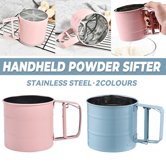 Stainless Steel Hand Crank Rotary Flour Sifter for Baking in Pink or Blue