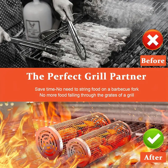 2 Pcs 304 Stainless Steel Rotating BBQ Basket with Wooden Handle Large and Small