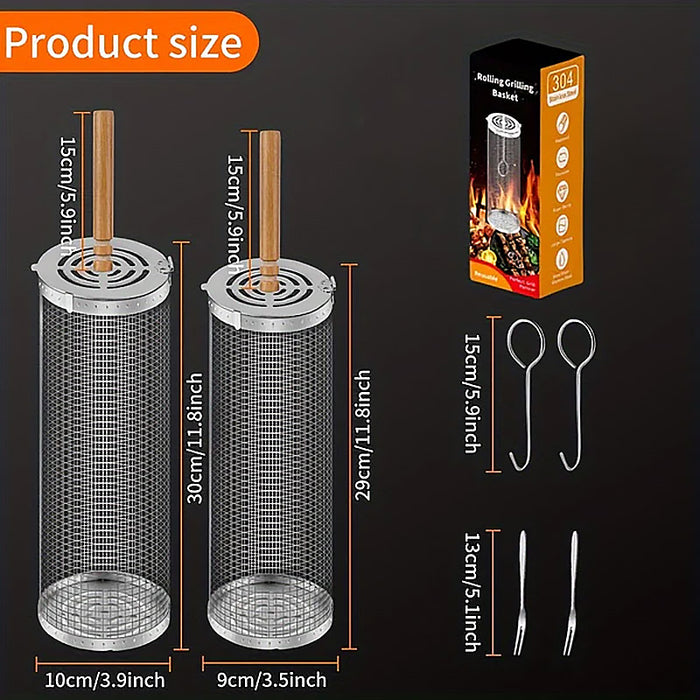 2 Pcs 304 Stainless Steel Rotating BBQ Basket with Wooden Handle Large and Small