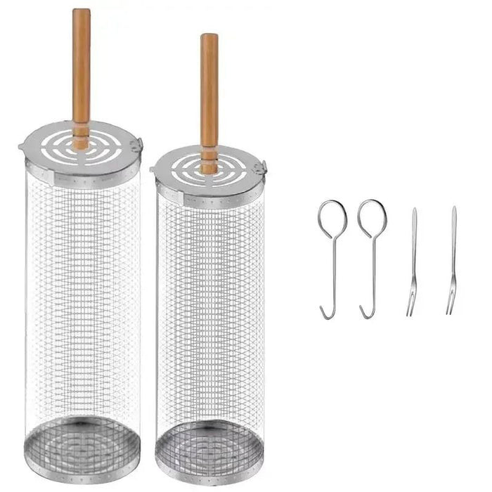 2 Pcs 304 Stainless Steel Rotating BBQ Basket with Wooden Handle Large and Small
