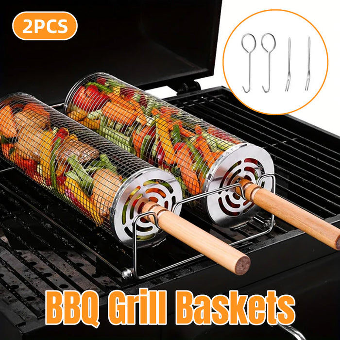 2 Pcs 304 Stainless Steel Rotating BBQ Basket with Wooden Handle Large and Small