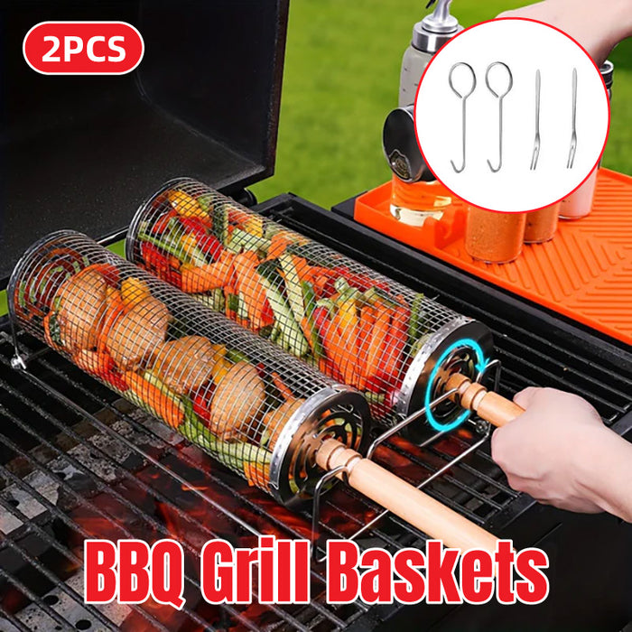 2 Pcs 304 Stainless Steel Rotating BBQ Basket with Wooden Handle Large and Small