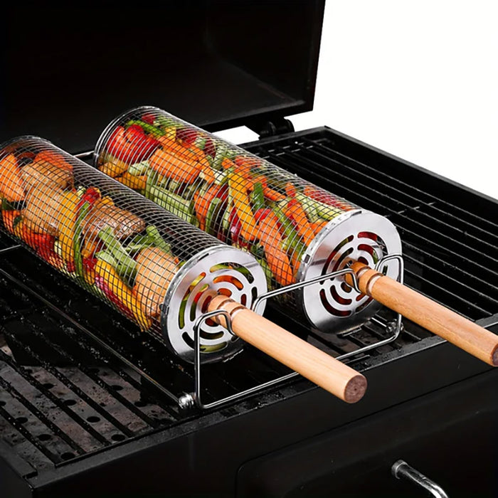 2 Pcs 304 Stainless Steel Rotating BBQ Basket with Wooden Handle Large and Small