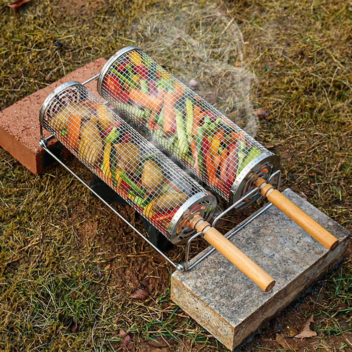 2 Pcs 304 Stainless Steel Rotating BBQ Basket with Wooden Handle Large and Small