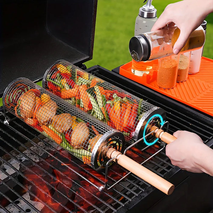 2 Pcs 304 Stainless Steel Rotating BBQ Basket with Wooden Handle Large and Small
