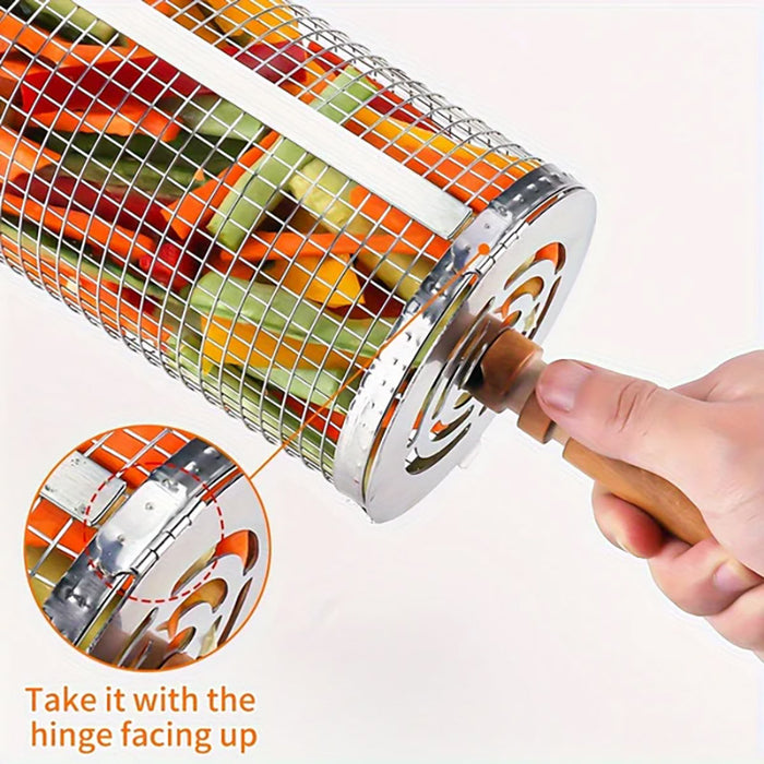 2 Pcs 304 Stainless Steel Rotating BBQ Basket with Wooden Handle Large and Small
