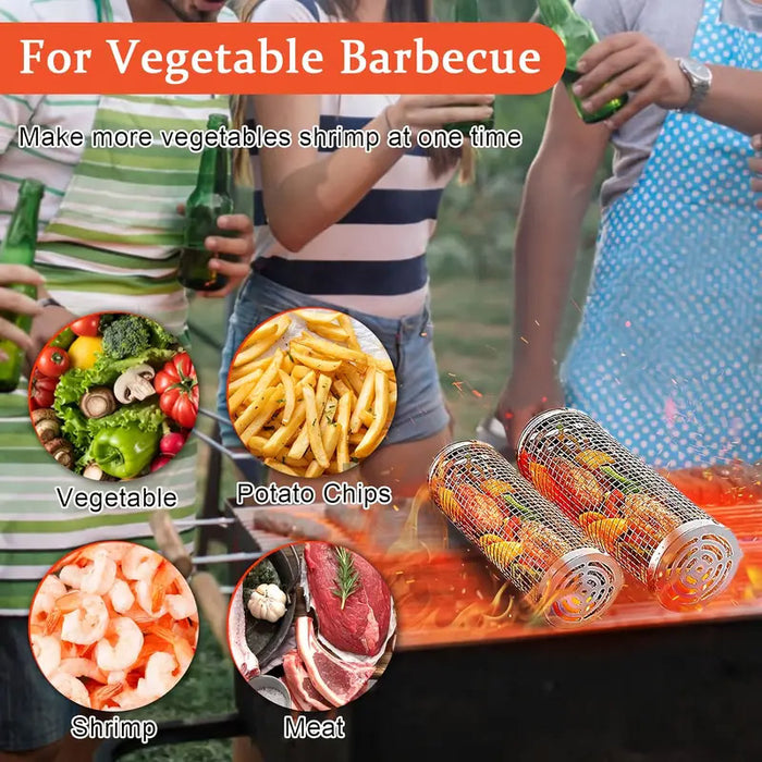 2 Pcs 304 Stainless Steel Rotating BBQ Basket with Wooden Handle Large and Small