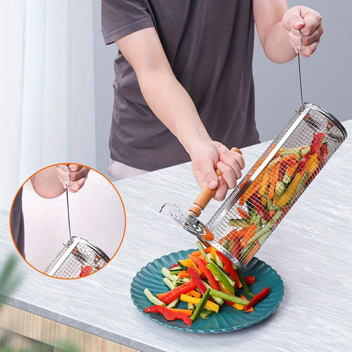 2 Pcs 304 Stainless Steel Rotating BBQ Basket with Wooden Handle Large and Small