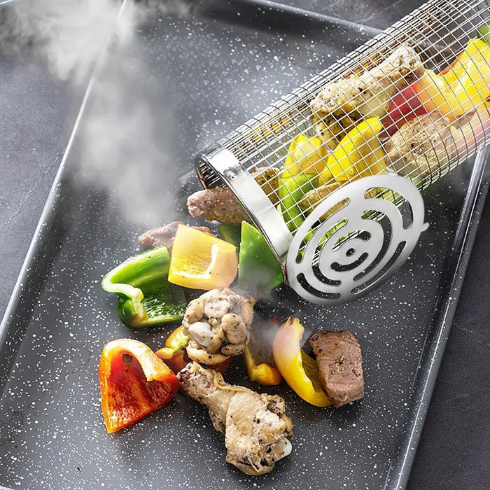 2 Pcs 304 Stainless Steel Rotating BBQ Basket with Wooden Handle Large and Small