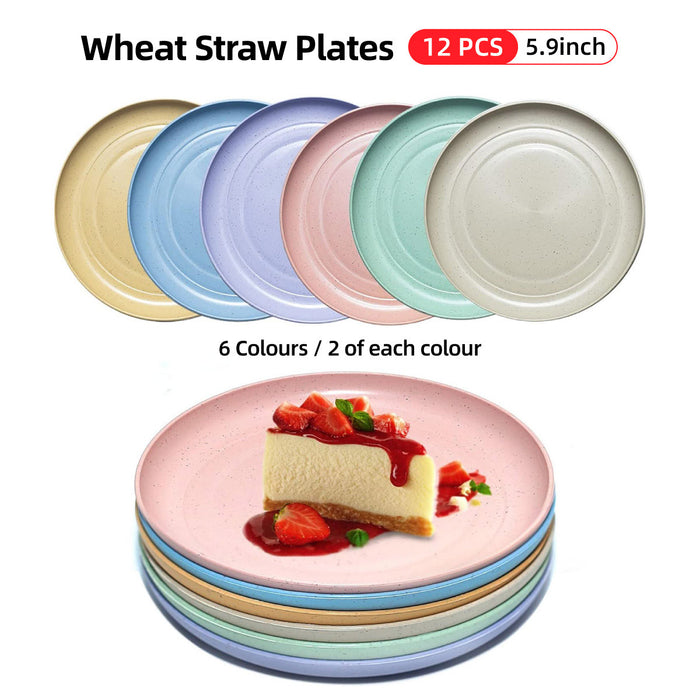 12 Pcs Wheat Straw Plates 5.9in Round Six Colours Set