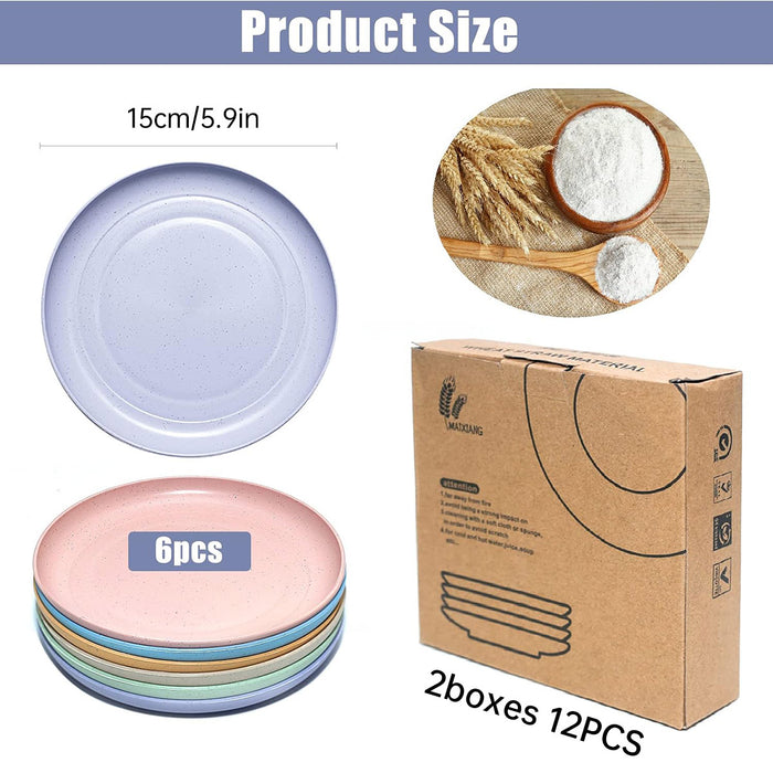 12 Pcs Wheat Straw Plates 5.9in Round Six Colours Set