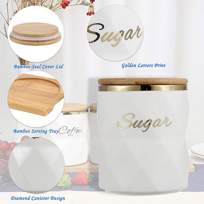 3 Pcs Ceramic Airtight Storage Jars with Bamboo Lids and Tray