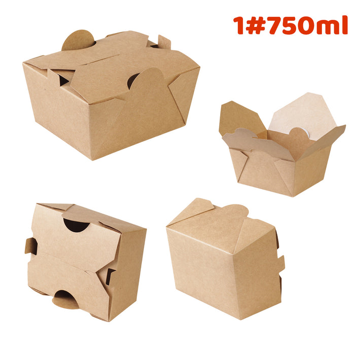 50PCS Disposable Kraft Paper Food Boxes, PE-Coated, Leak-Resistant, 750ml/1400ml