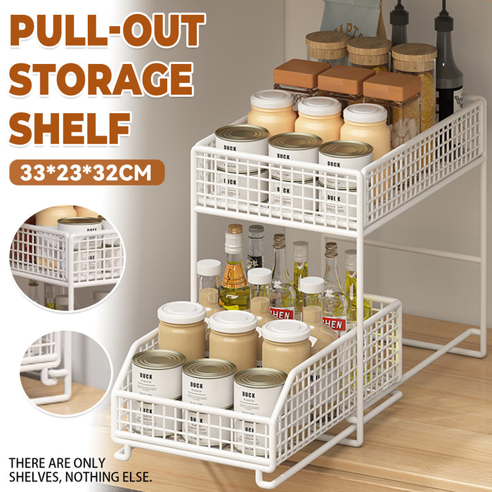 Pull-Out Storage Shelf Two-Tier White Wireframe Organizer