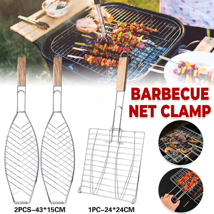 Iron BBQ Net Clamp with Wooden Handle Fish and Square Shape 2 Sizes