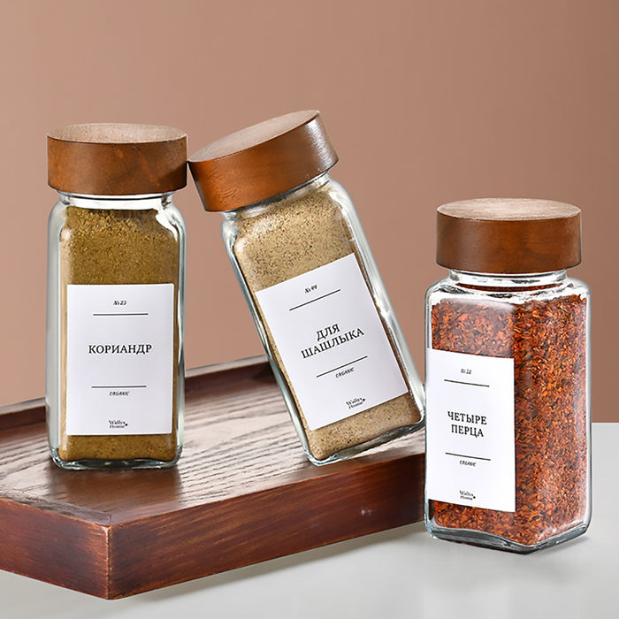 6 Pcs Square Glass Spice Jars with Wooden Lids Labels