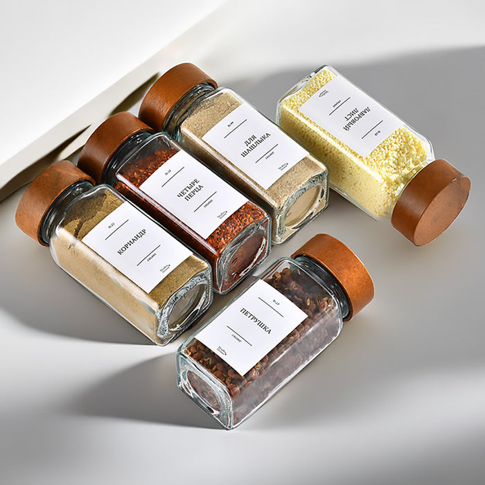 6 Pcs Square Glass Spice Jars with Wooden Lids Labels