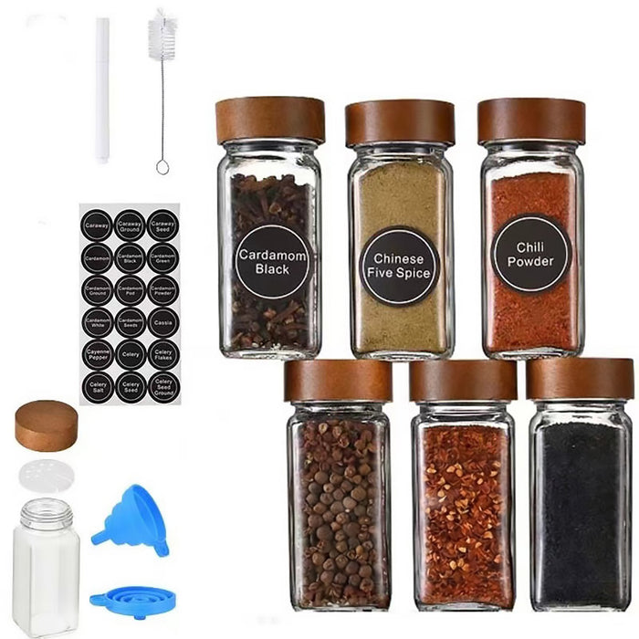 6 Pcs Square Glass Spice Jars with Wooden Lids Labels