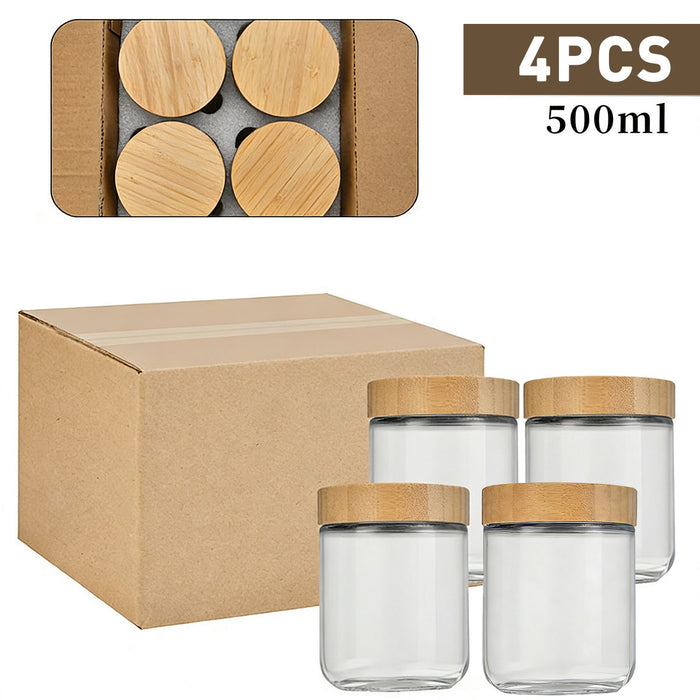 4 Pcs Glass Storage Jars with Bamboo Lids Airtight 300ml 500ml