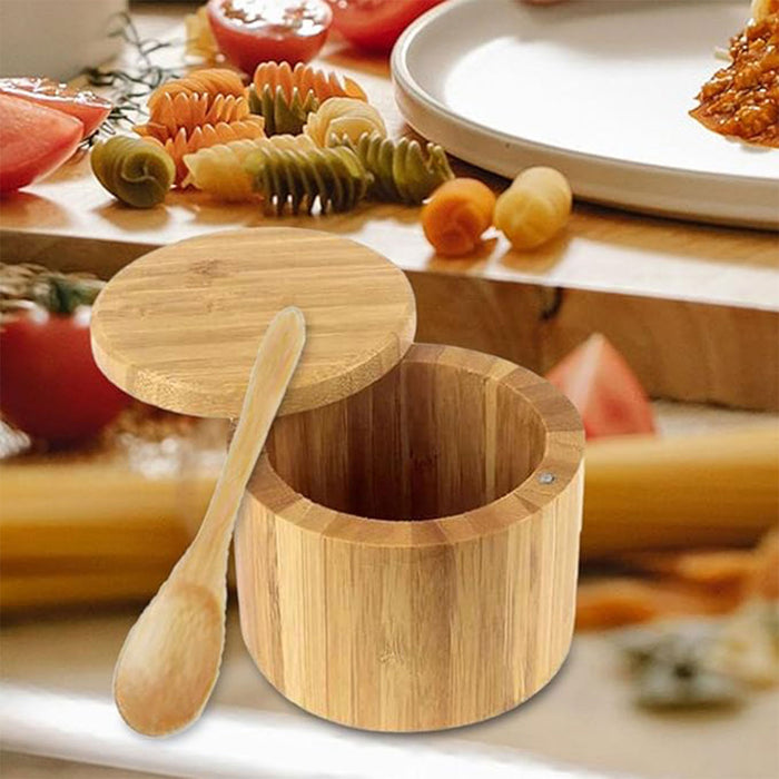 Bamboo Salt Box With Magnetic Swivel Lid And Spoon