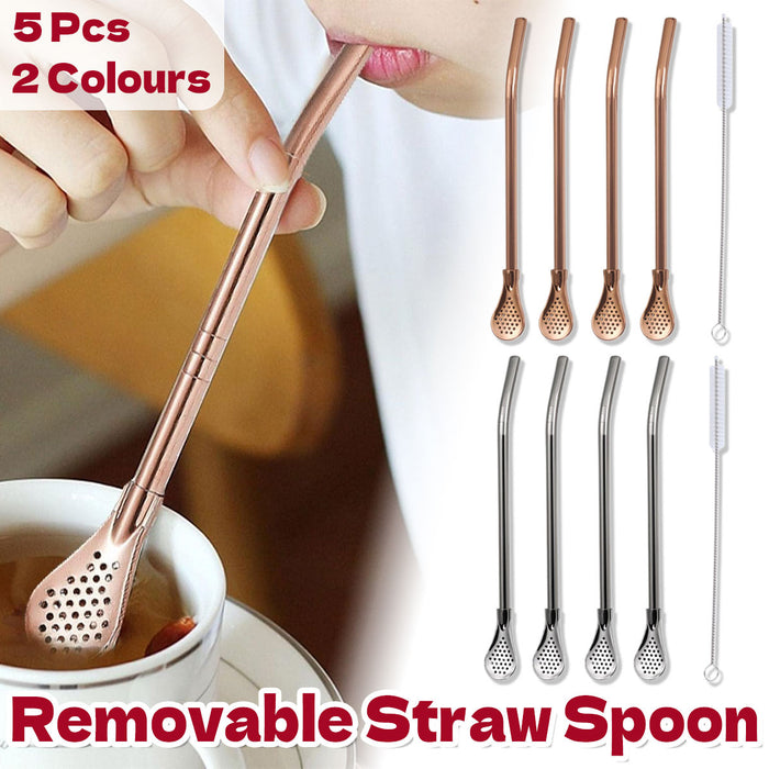 5 Pcs Straw Spoons with Removable Filter 18cm Stainless Steel