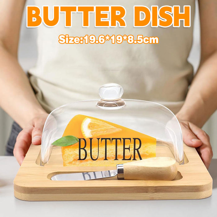 Butter Dish with Glass Lid Bamboo Base With Knife Slot
