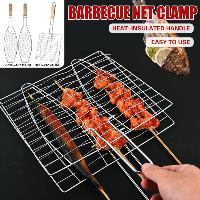 Iron BBQ Net Clamp with Wooden Handle Fish and Square Shape 2 Sizes