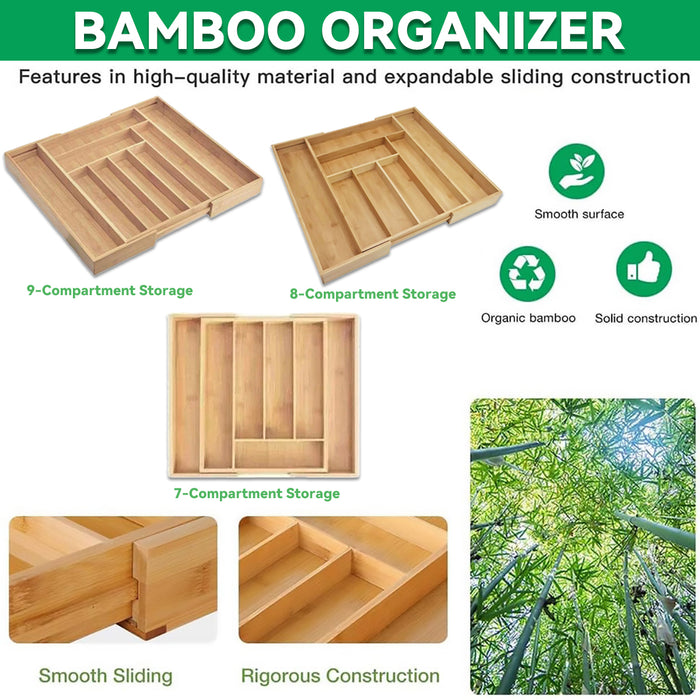 Bamboo Drawer Organiser with 7 8 or 9 Compartments