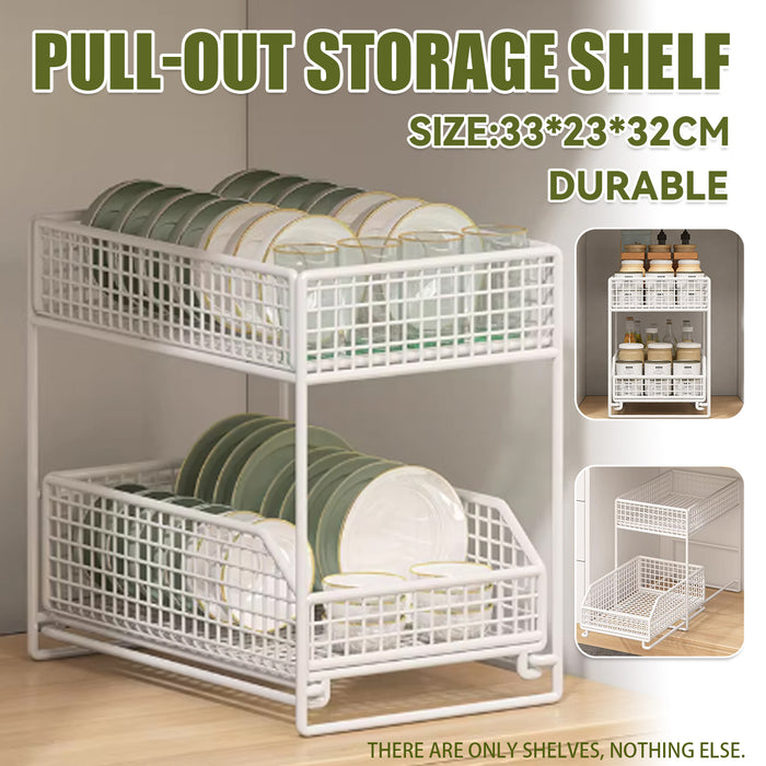Pull-Out Storage Shelf Two-Tier White Wireframe Organizer