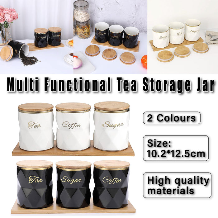 3 Pcs Ceramic Airtight Storage Jars with Bamboo Lids and Tray