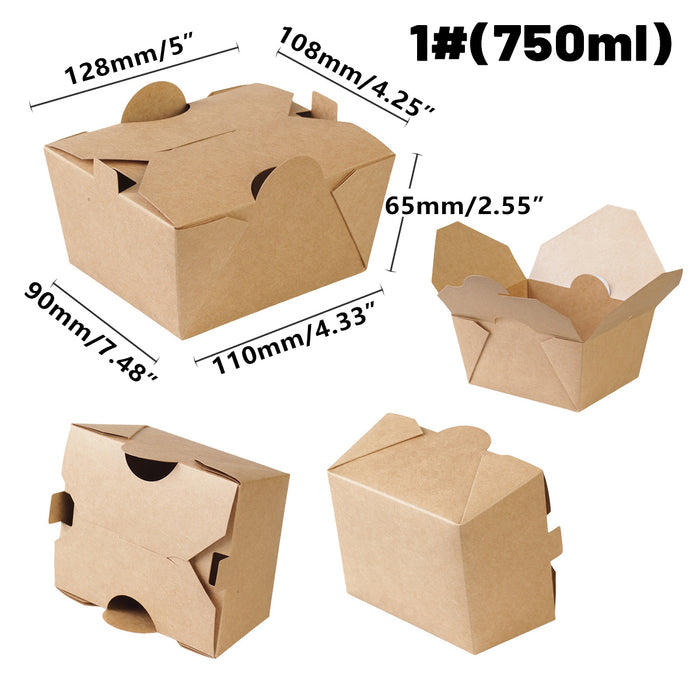 50PCS Disposable Kraft Paper Food Boxes, PE-Coated, Leak-Resistant, 750ml/1400ml