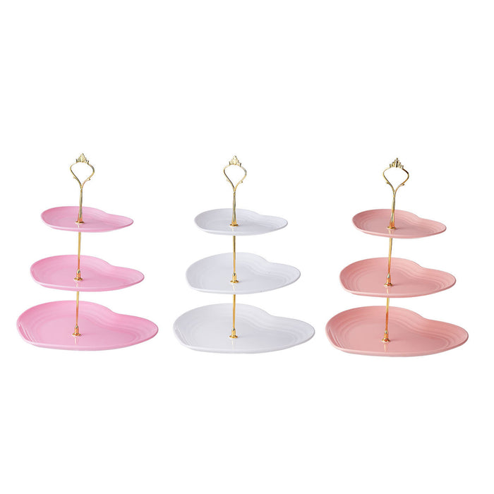 3 Pcs 3-Tier Porcelain Dessert Stand with Gold Heart Handle 26 x 33 cm