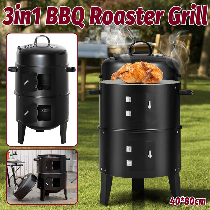 EW 3-in-1 Portable Charcoal Smoker BBQ Grill Powder-Coated Steel 40 x 80 cm