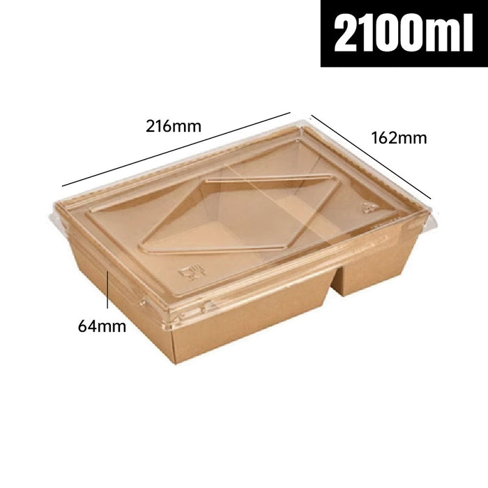 200Pcs Brown Kraft Paper Lunch Boxes with PET Lid Leakproof Compostable