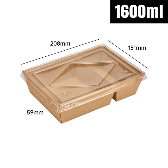 200Pcs Brown Kraft Paper Lunch Boxes with PET Lid Leakproof Compostable