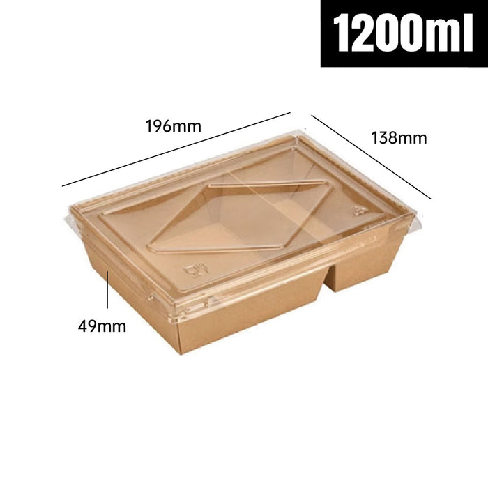 200Pcs Brown Kraft Paper Lunch Boxes with PET Lid Leakproof Compostable