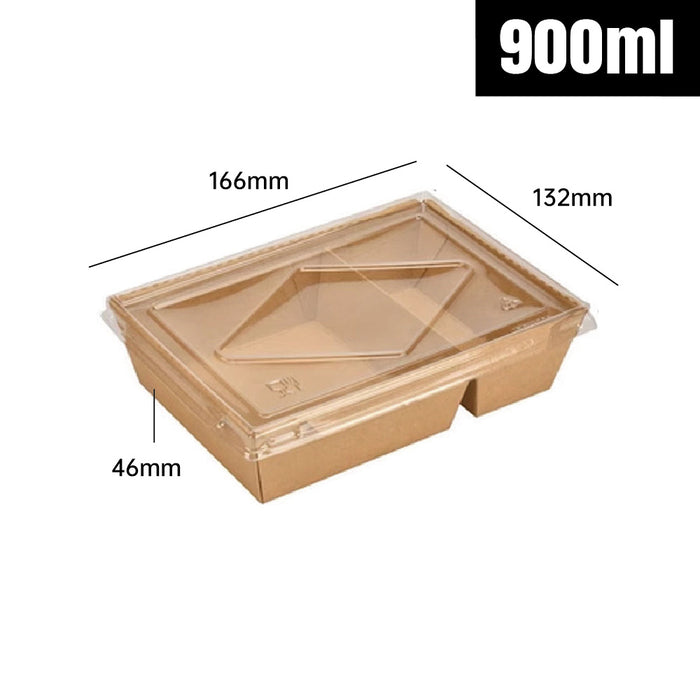 200Pcs Brown Kraft Paper Lunch Boxes with PET Lid Leakproof Compostable
