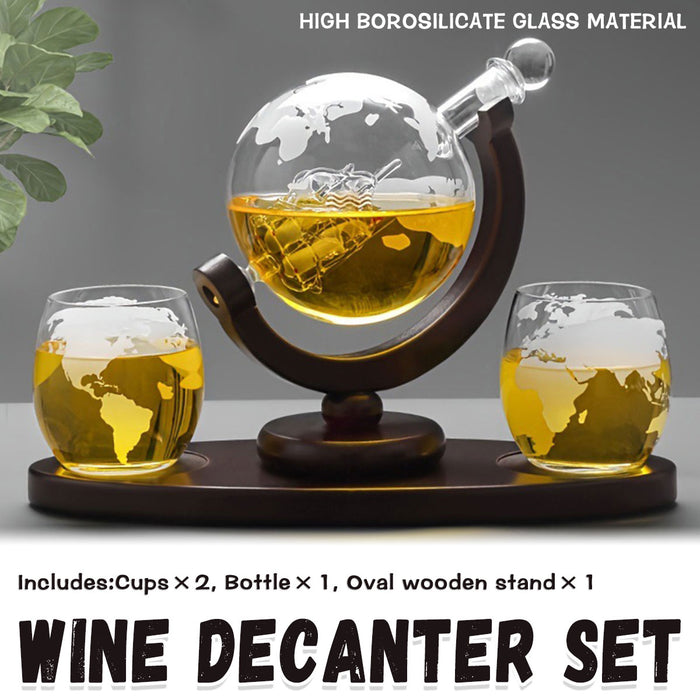 Globe Wine Decanter Set with Sailing Ship and 2 Glasses