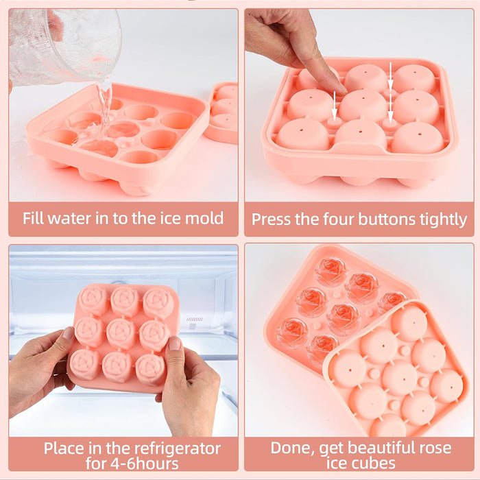 9 Cavity Rose Ice Ball Mould Food Grade Silicone Pink