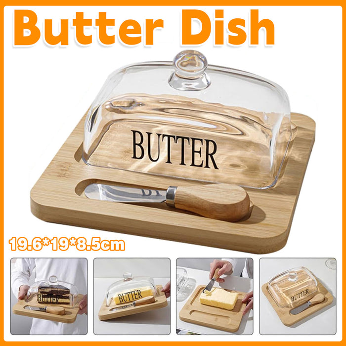 Butter Dish with Glass Lid Bamboo Base With Knife Slot