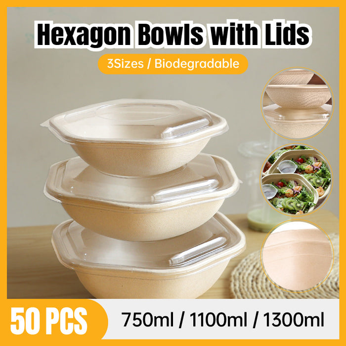 50Pcs Eco Hexagonal Biodegradable Salad Bowls Natural Pulp Food Containers